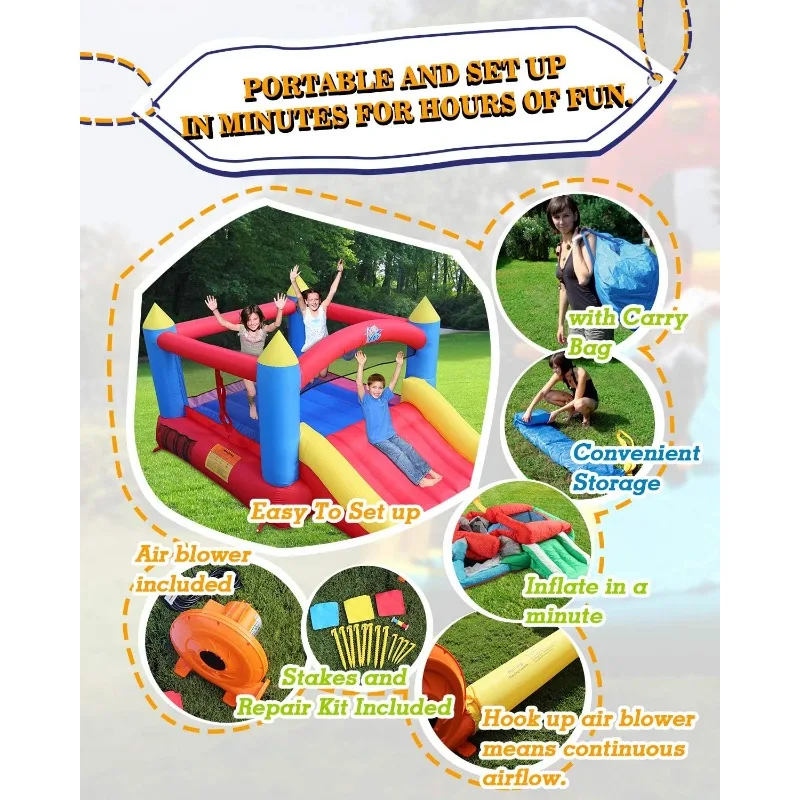 Inflatable Bouncer with Air Blower, Slide, Family Backyard Bouncy Castle, Durable Sewn with Extra Thick Material