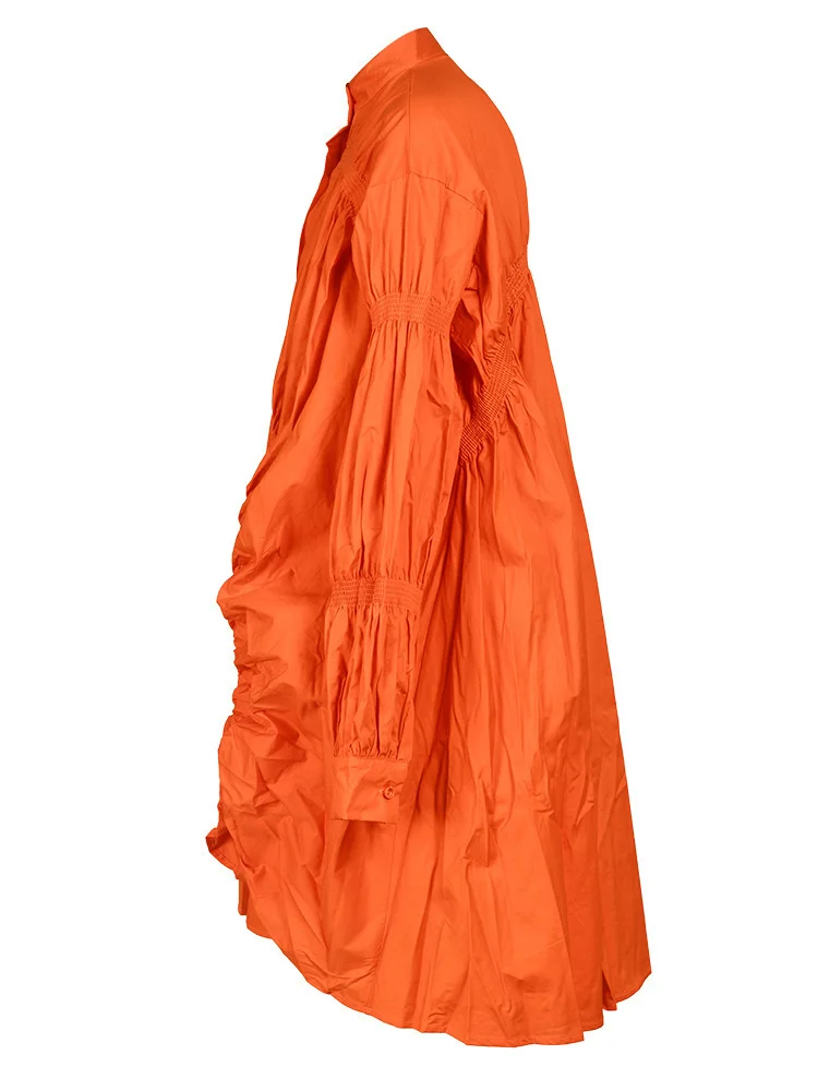 [EAM] Women Orange Irregular Pleated Big Size Dress New Stand Collar Long Sleeve  Fashion Tide Spring Autumn 2024  1DF4807115