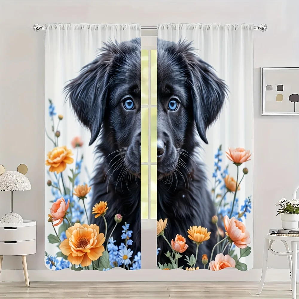 

2pc Dog and floral print curtains, polyester fabric, machine washable, suitable for bedroom and living room decoration
