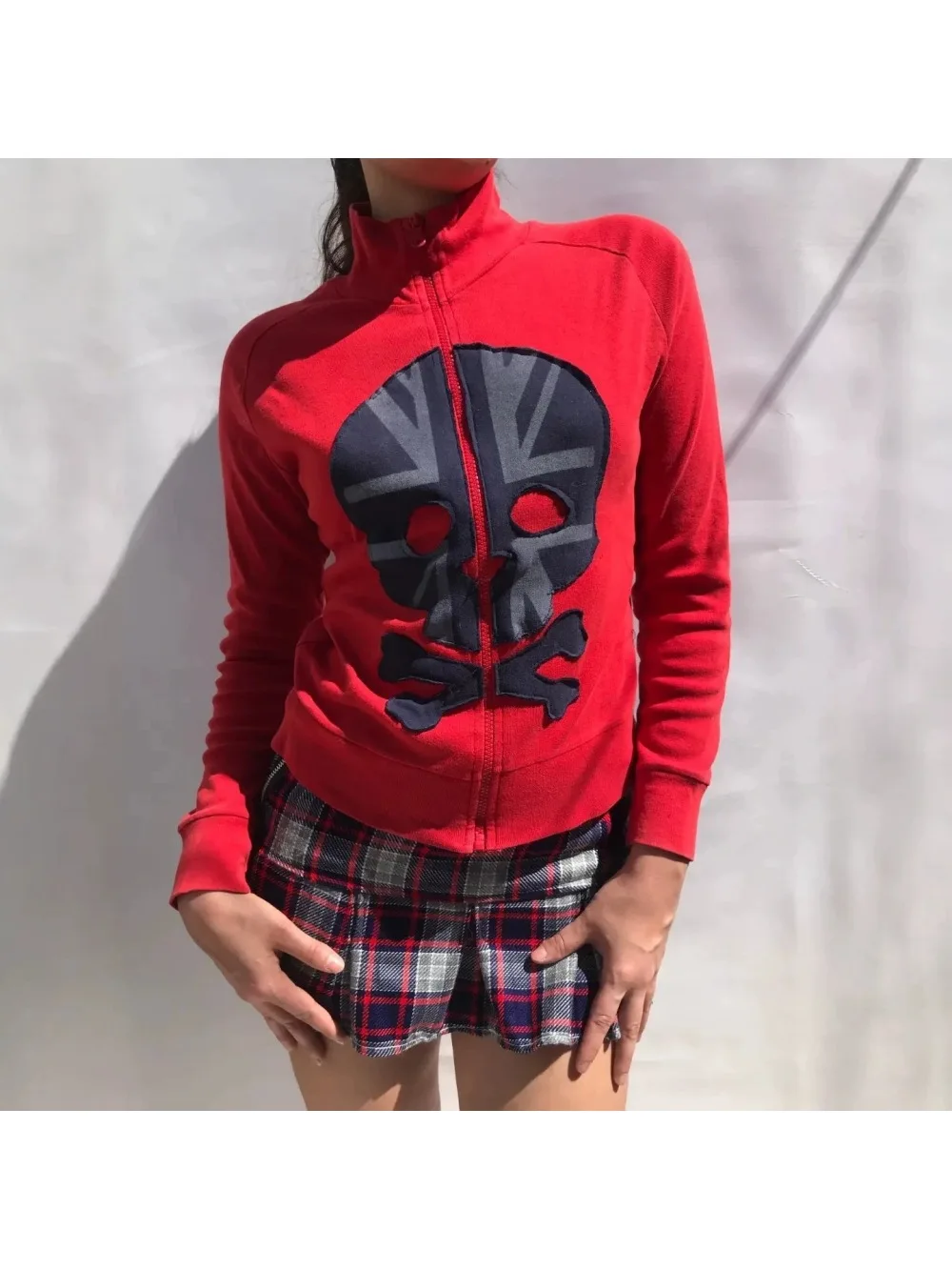 Unisex Stand Collar Zip Up Jacket, Long Raglan Sleeve, Skull Pattern Patchwork, Casual Streetwear Loose Outerwear