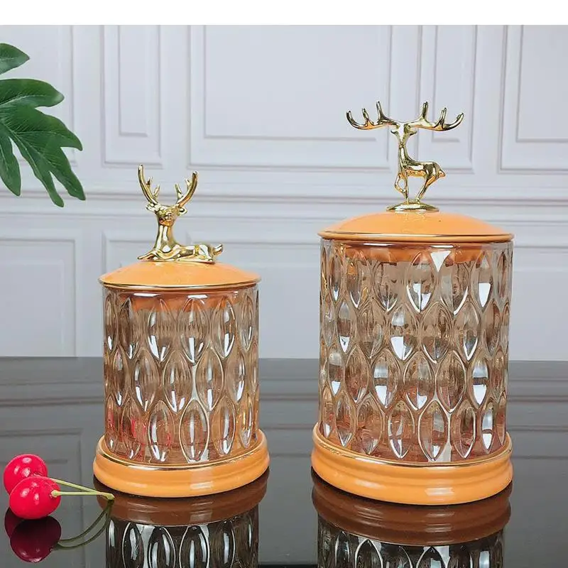 Crystal Glass Storage Jar with Deer Cover Food Candy Sealed Two-piece Ornaments Desktop Vase Flower Arrangement