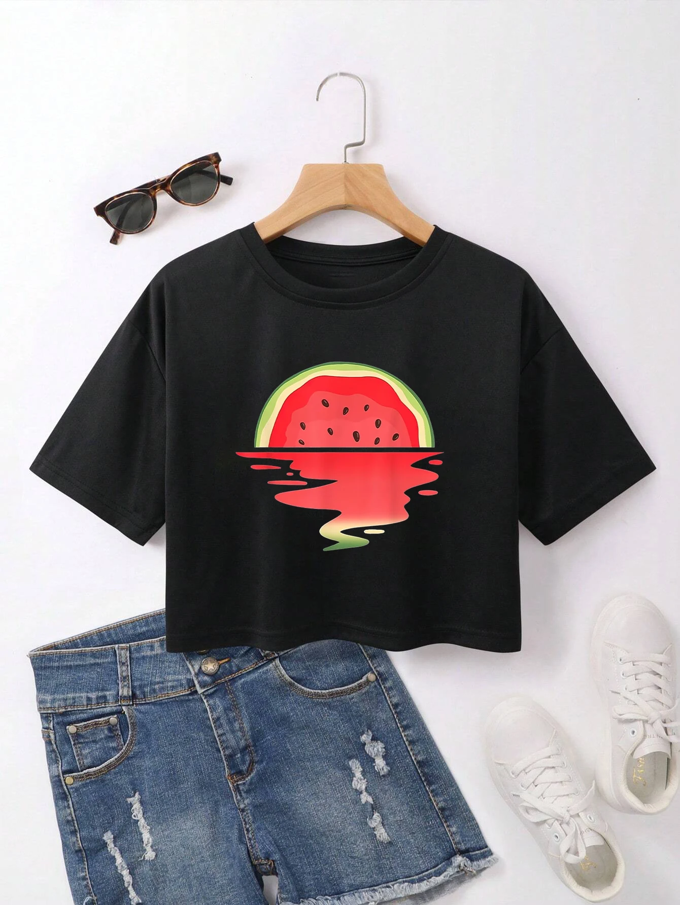 Creative Watermelon Reflection Graphic Crop T-shirt Women Aestheticism clothes Summer Fashion Harajuku Casual O-Neck Short top