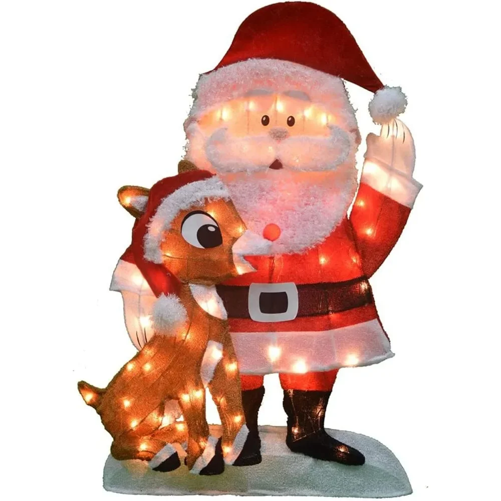 

Pre Lit Fabric Santa Claus and Rudolph 2D Outdoor Holiday Lawn Ornament Christmas Yard Decoration with 70 Clear Lights and Stand