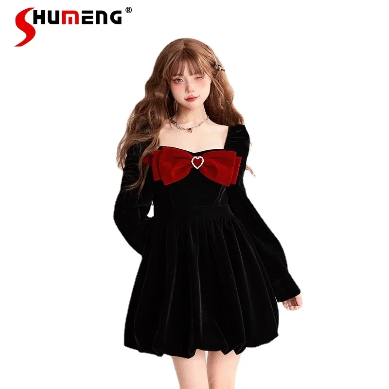 

Socialite Style Vintage Velvet Dress 2023 Autumn And Winter Sweet Bow Square Collar Slim Fit Elegant Vestidos Elegantes De Mujer