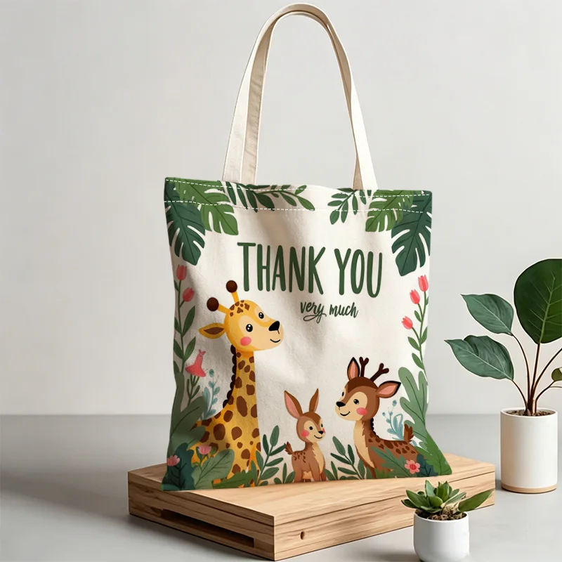 Tote Bag Thank You Text Tropical Leaves and Wildlife Animal Prints Casual Large Capacity Handbag Reusable Shopping Bags