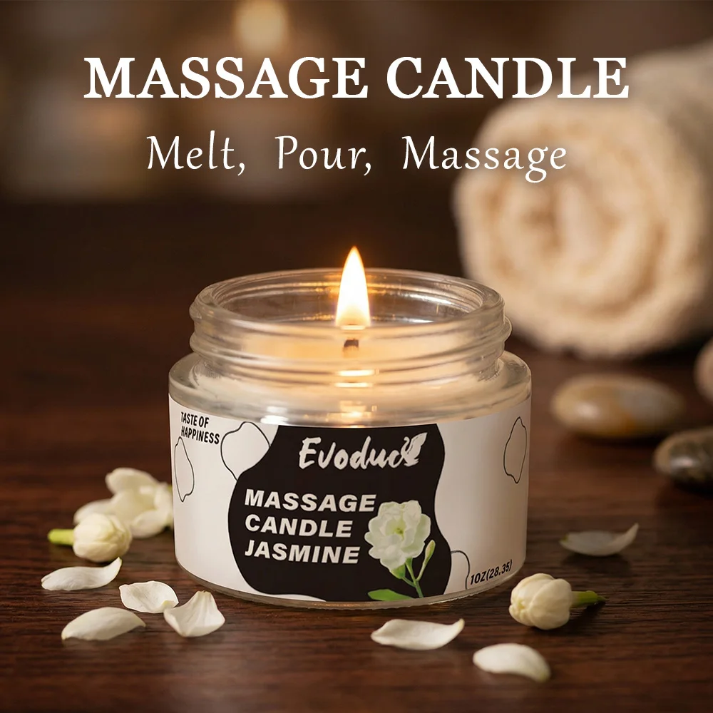 Massage Oil Candle Jasmine Soy Wax Low Temp Melt Pour Skin Care Moisturizing Relaxing Warm Spa Bath Couples Gift Women Christmas