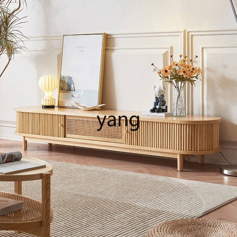 LXL Solid Wood TV Cabinet Living Room Simple Modern Small Apartment Complete Rattan Floor Cabinet