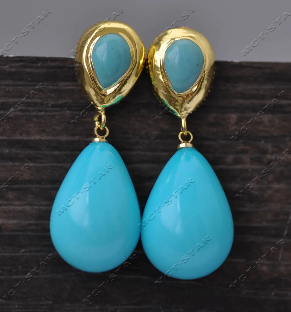 Z13364 20mm Blue Teardrop Shell Pearl Gold Plated Turquoise Dangle Earring Custom Jewelry