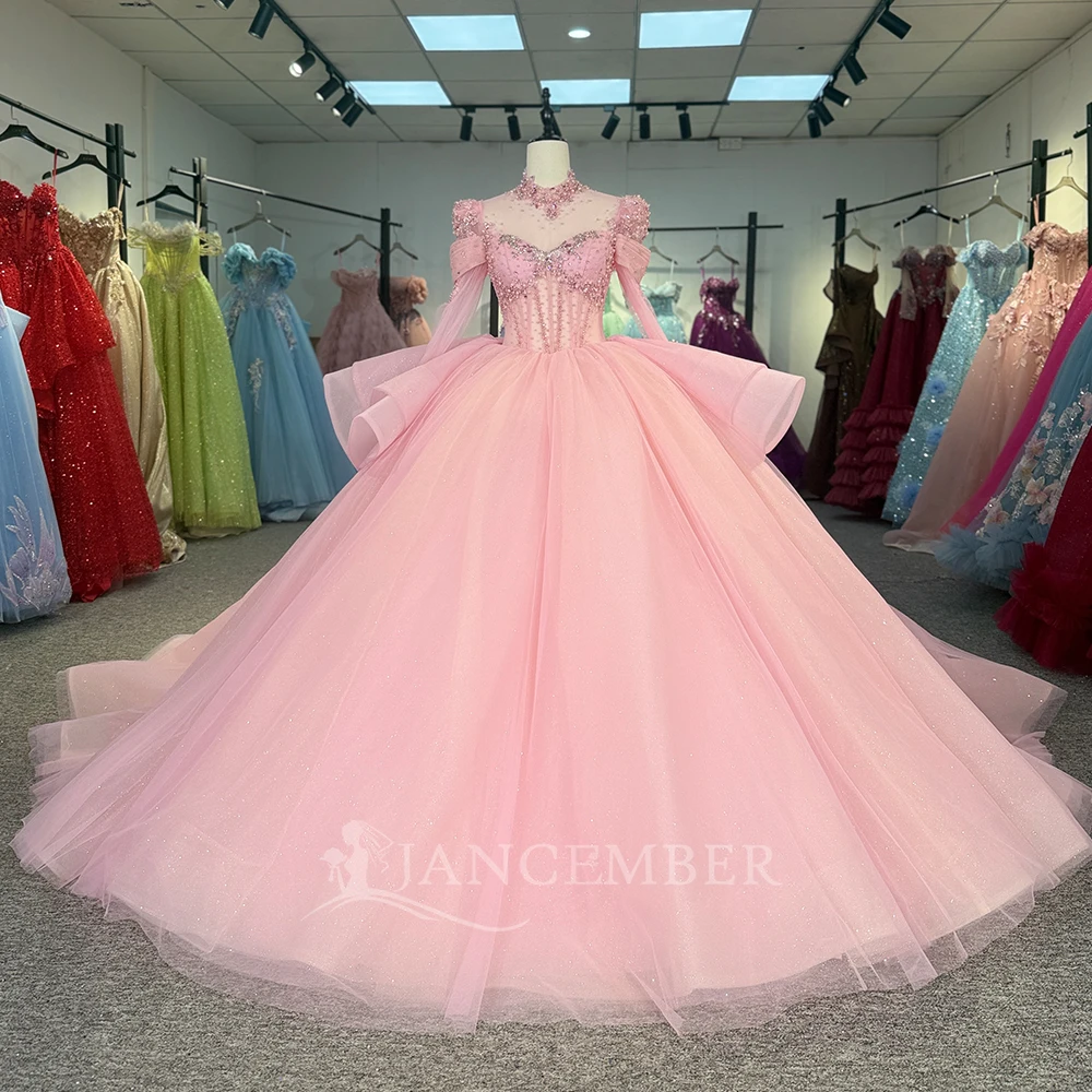 

Customized Pink Shiny Ball Gown Princess Quinceanera Dresses High Collar Beads Applique Lace Bow Tiered vestido quinceañeras
