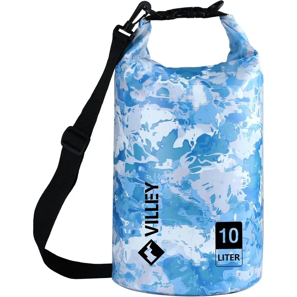 

10L Waterproof Roll Top Backpack for Kayaking, Camping, Swimming, and Beach Essentials in Blue Camo