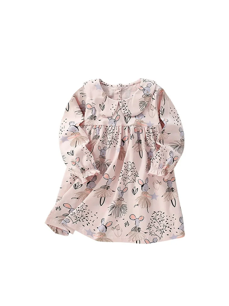 2-7T Mouse Printed Girls Dresses Collar Cotton Autumn Spring Long Sleeve Children's Clothes Party Frocks