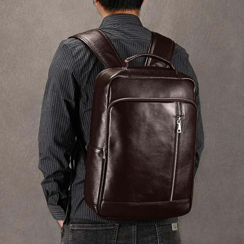 

Men's genuine leather commuter first layer cowhide for work, double shoulder student schoolbag 15-inch high-end computer backpac