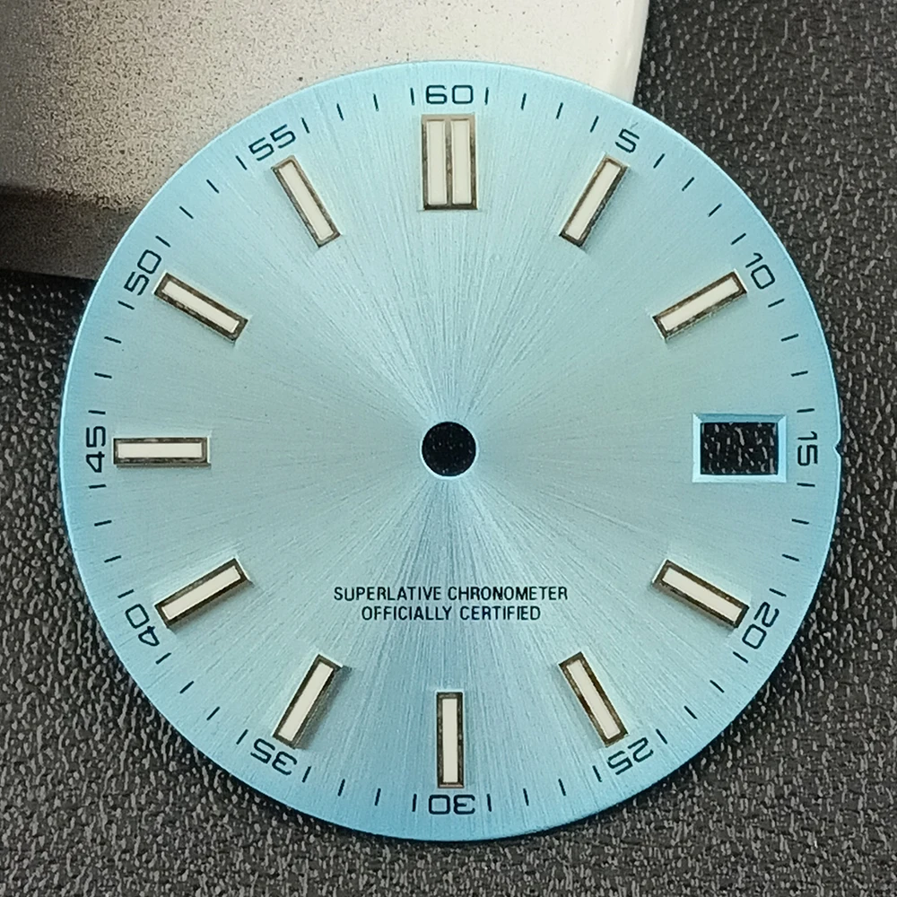 Esfera de reloj de 28,5mm con logotipo personalizado para hombre, Esfera luminosa azul adecuada para accesorios de reloj de movimiento NH35