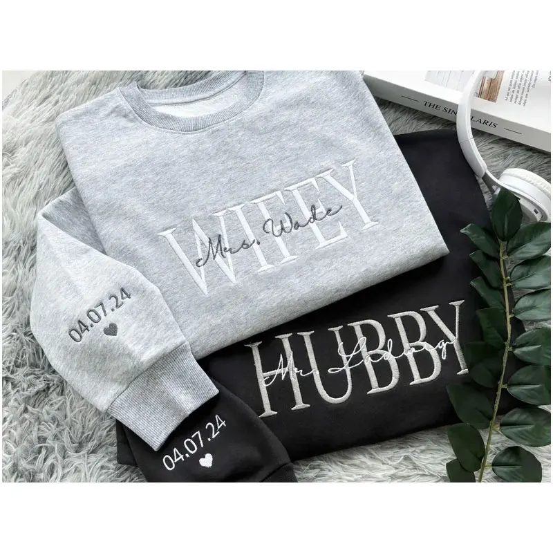 Unisex Custom Last Name Embroidered Sweatshirts Personalized Wifey Hubby Cotton Sweatshirt Engagement Bridal Crewneck Shirts New