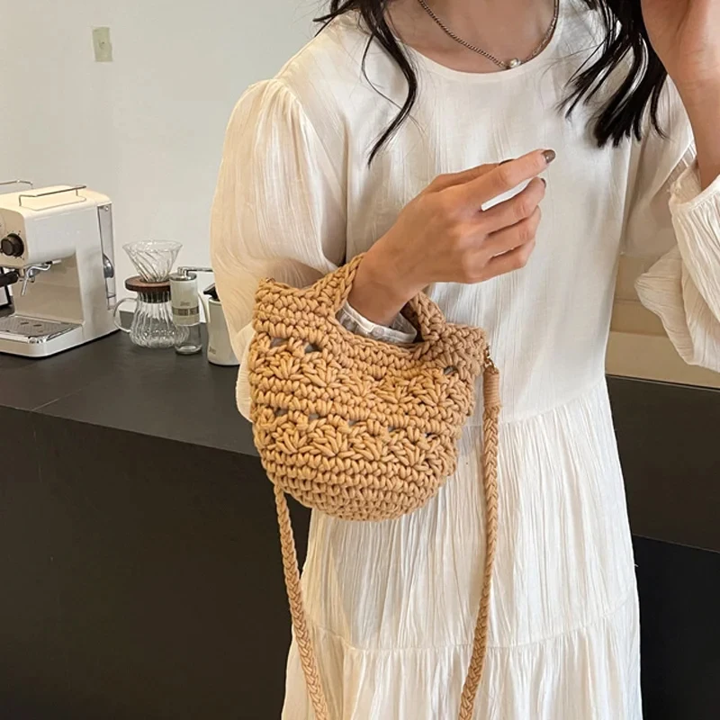 Women\'s Bag Woven Shoulder Crossbody Handbag Braided Cotton Fabric Crochet Soft Casual Lady Fashion Small Rope Bag 2024 New