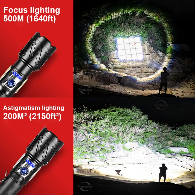 XHP160 LED في الهواء الطلق مصباح يدوي عالي الطاقة قابل لإعادة الشحن ضوء قوي الشعلة 4000K/6000K ضوء جانبي للتخييم التنزه الإضاءة