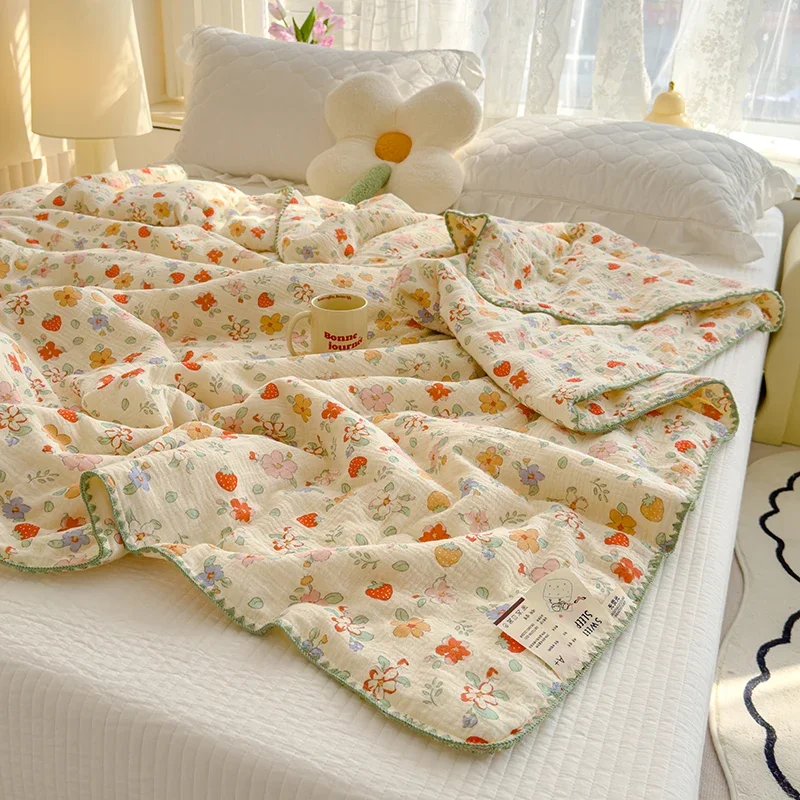 Double Gauze 100% Cotton Blanket for Bed Ultra Soft Breathable Summer Quilt Korean Style Floral Soy Fiber Filled Thin Comforter