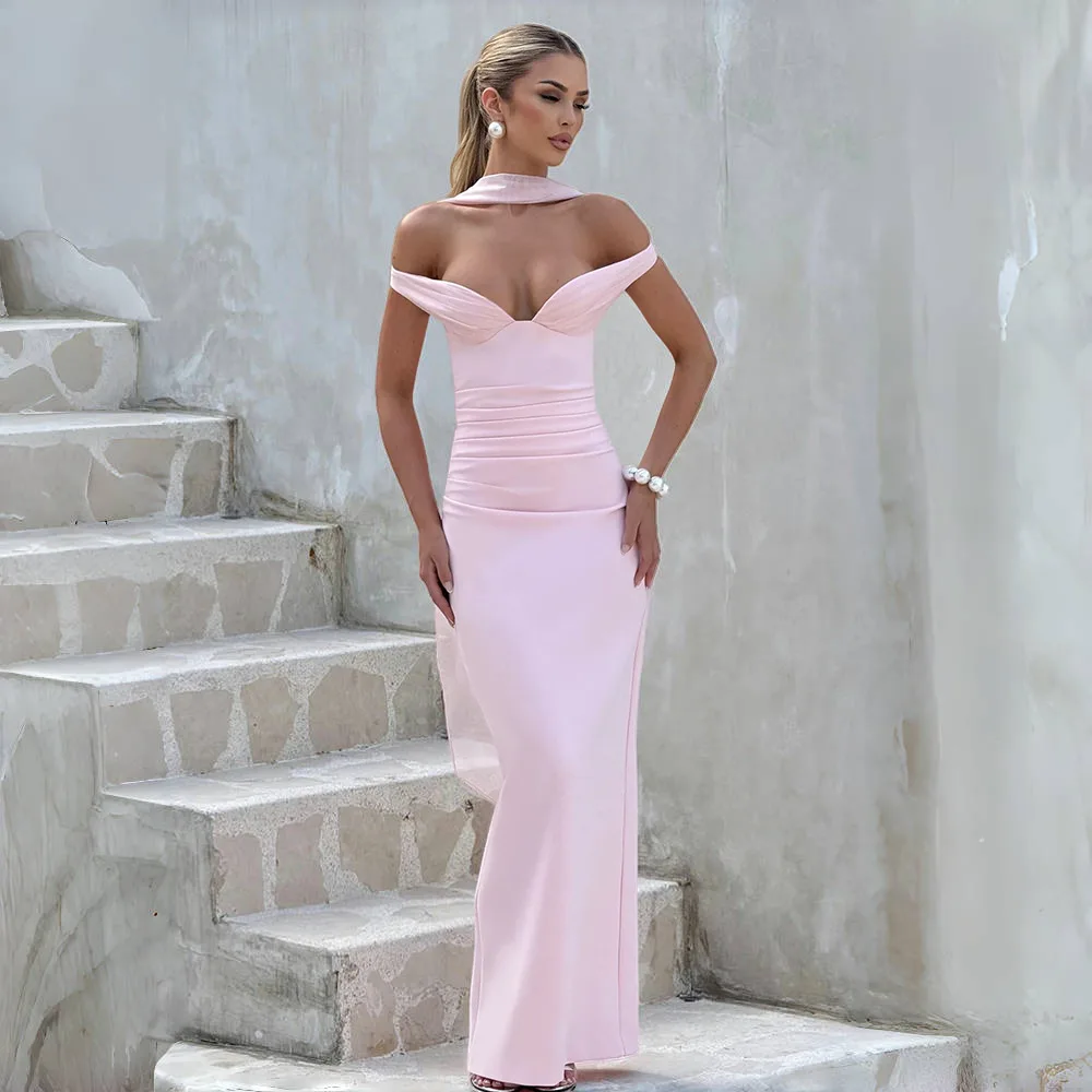 Apprabant Abito lungo da donna con scollo a V sexy con spalle scoperte Sciarpa in rete Nastro senza schienale Cut-Out Slim aderente Abito diviso Partywear