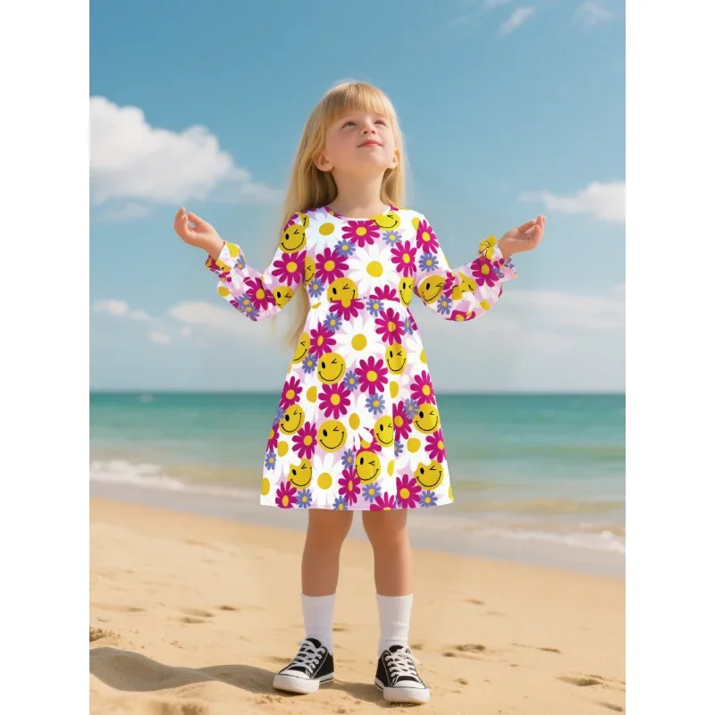 2025 Girls' Cute Sunshine Long Sleeve Dress - Colorful Smiley Face and Floral Print Casual Dress, Children's Daily Wear