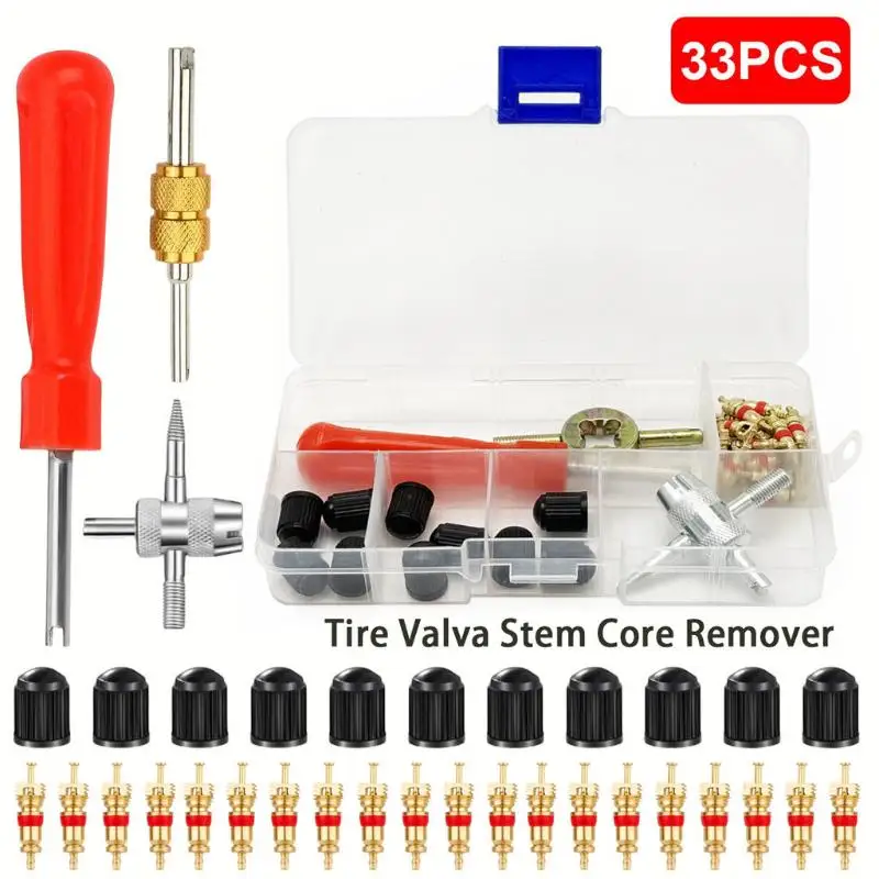 33Pcs Car Bicycle Tire Valve Stem Core Remover Slotted Handle Screwdriver Install Repair Tool Kit For Tire Maintenance