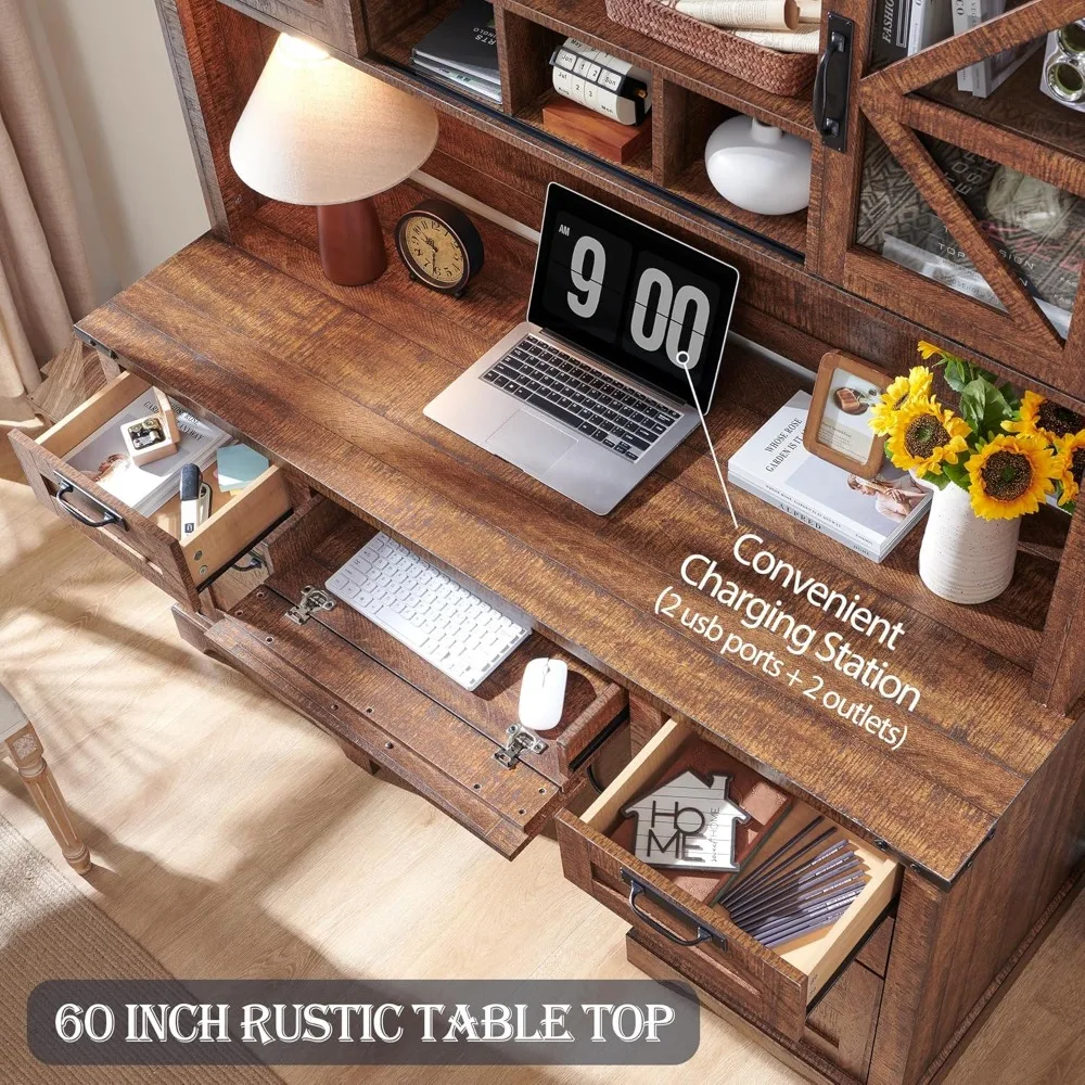 RedLemon 60 Escritorio estilo granja con aparador, escritorio ejecutivo de madera para oficina en casa con cajones, estación de carga, bandeja para teclado,