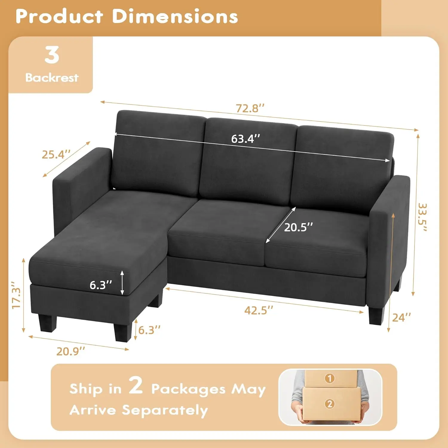 Convertible Sectional Sofa Couch, 3 Seat L-Shaped Sofa with Linen Fabric Ottoman Small Couch for Small Apartments, Livin