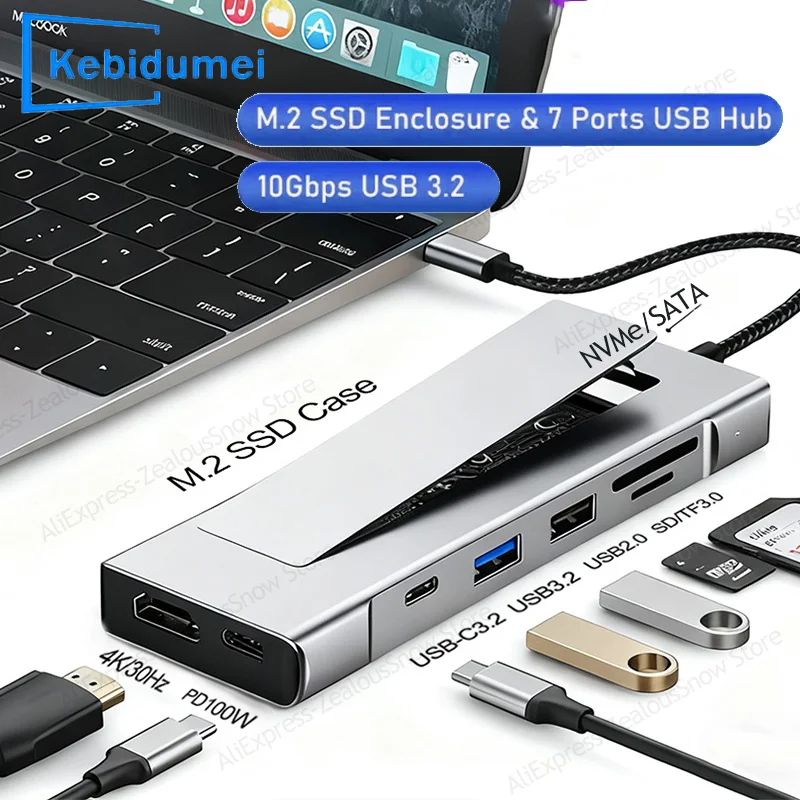 

8-in-1 USB Hub With Disk Storage Function M.2 SATA NVME SSD Enclosure Type C to HDMI-Compatible Docking Station For Macbook Pro