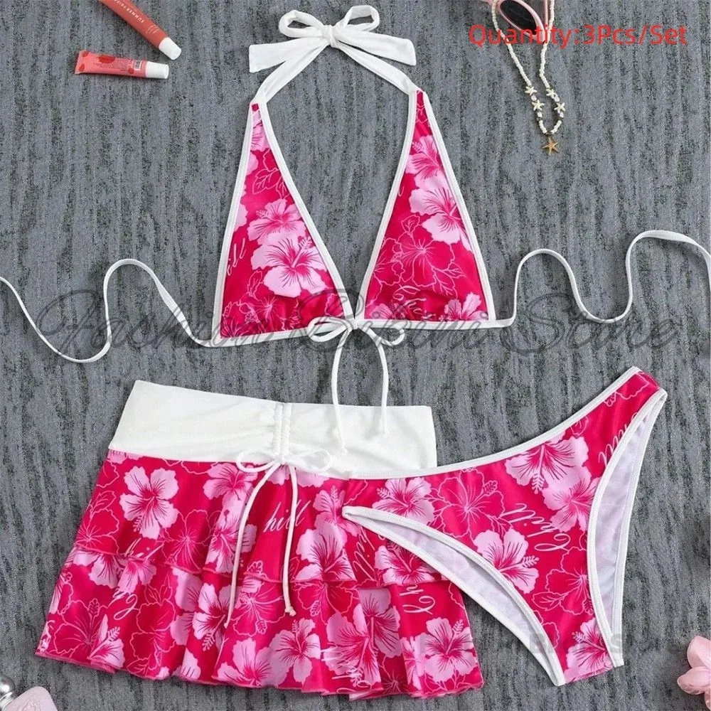 3Pcs/Set Fashion Summer Floral Swimsuit High-Waist Elegant Bikini Set Triangle Halter Cover Up Skirt Women Swimsuit Vacation