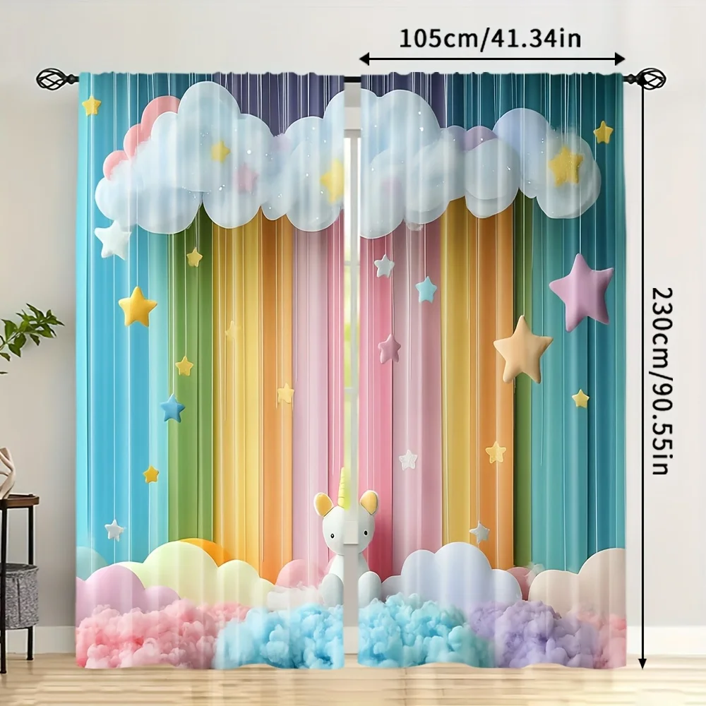 rainbow cloud star pattern curtain for kids room bedroom privacy and decor polyester fabricWithout curtain rod Durable materials