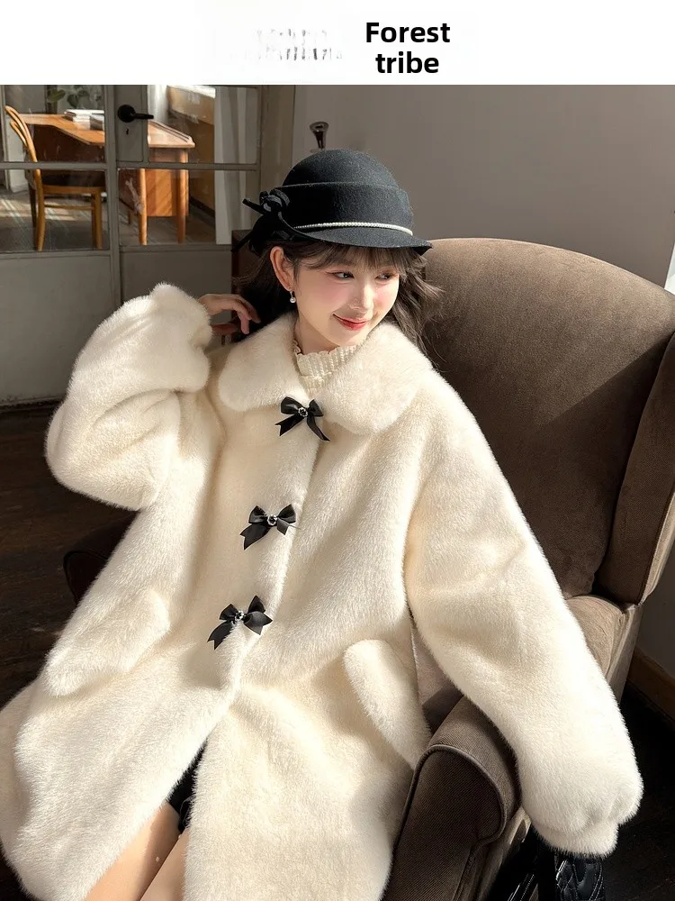 

Eco-Friendly Fur Jaet Women's Loose Sle Waterfall Collar Long Sve Coat Sweet Sle Winter Outerwear Simulation Mink