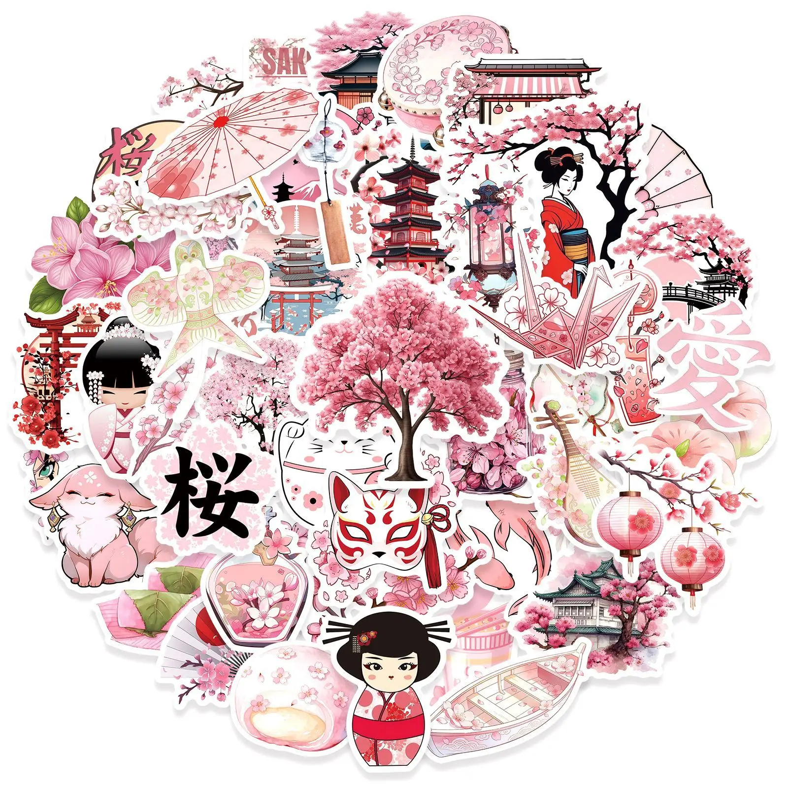50 Pcs Cute Japanese‑Style Cherry Blossom Pink Cartoon Graffiti Stickers, Waterproof Decals for Water Bottles & Cups