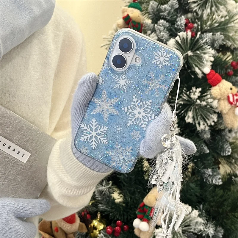 겨울 눈송이 반짝이 반짝이 투명 펜던트 전화 케이스, 아이폰 16, 15, 14, 13 프로 맥스 케이스, 귀여운 럭셔리 만화 커버
