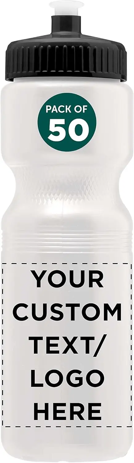 PROMOS 28 oz. Custom Push Cap Plastic Water Bottles Set of 50, Personalized Bulk Pack - Perfect for Gym, Hiking, Camping, Outdoo