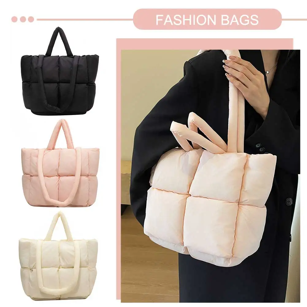 Women Quilted Puffer Tote Bag Lightweight Padded Shoulder Bag Versatile Underarm Bag Soft Satchel Bag Winter Large Handbag