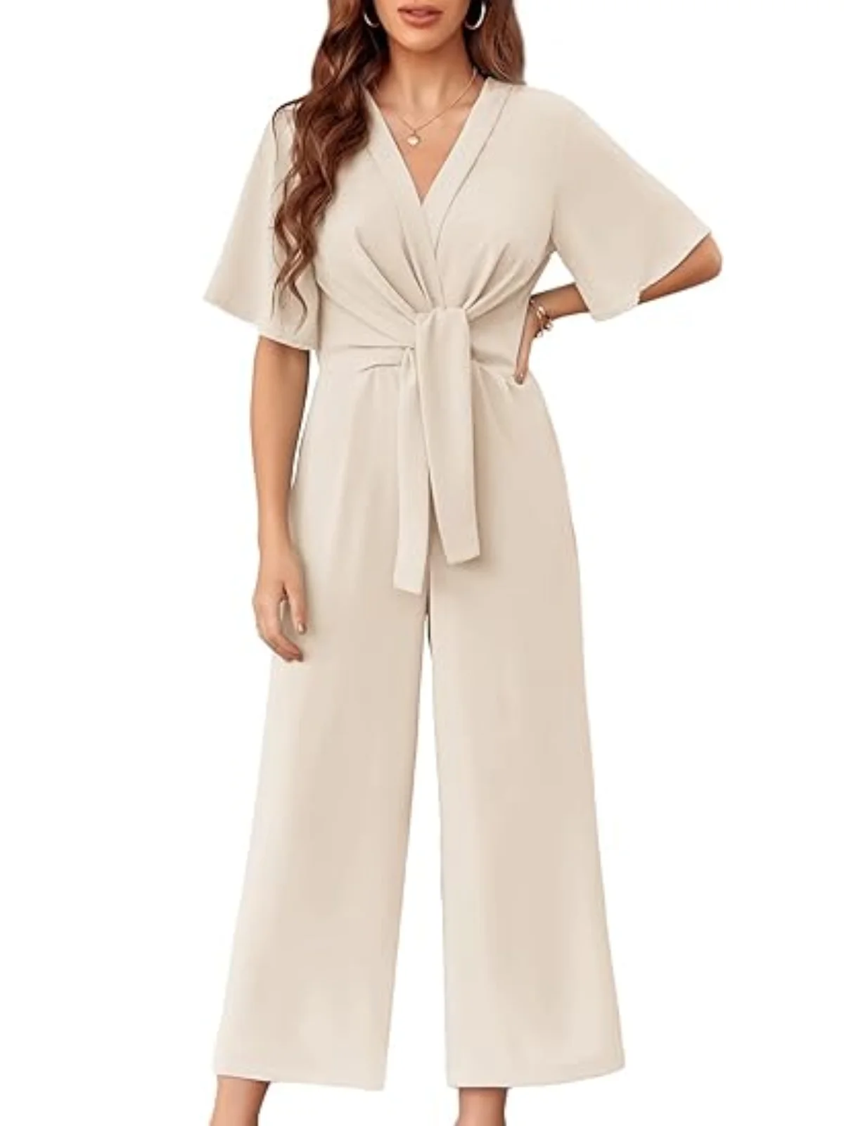 Women\'s Wide Leg Jumpsuits Summer Elegant Sweet Solid Loose V-neck Flared Short Sleeved Straight Pants Tie Knot Front Romper