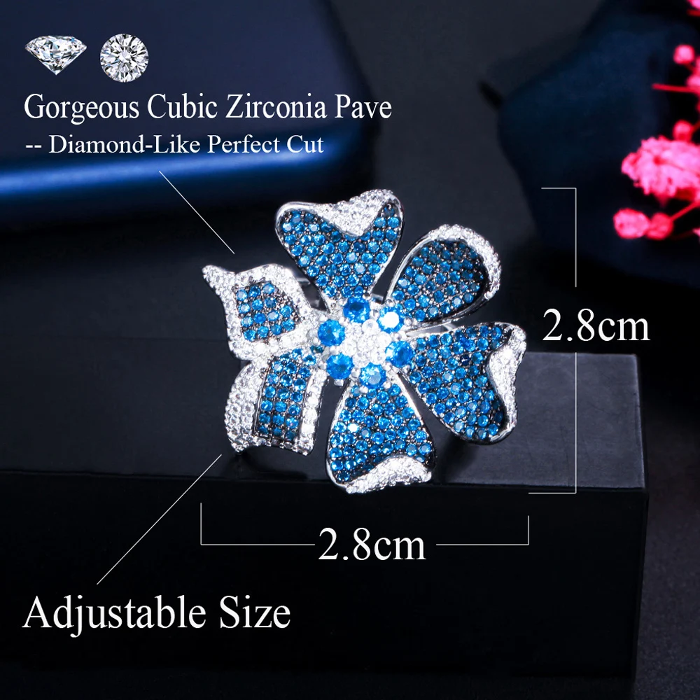 ThreeGraces Aesthetic Blue Cubic Zirconia Adjustable Size Extra Large Flower Ring for Women New Fashion Daily Party Jewelry R181