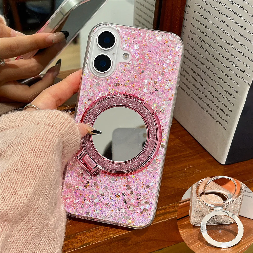 Sequin Glitter Mirror Stand Holder Case For iPhone 16 15 14 13 12 11 Pro Max X XS Max XR 7 8 Plus Soft Silicone Shockproof Cover