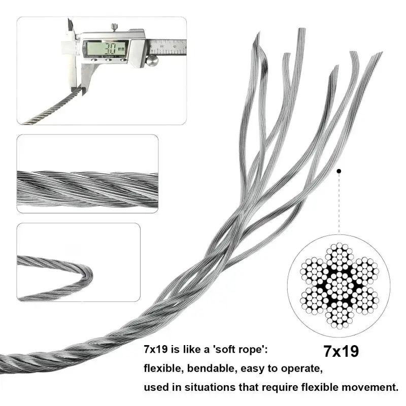5M Wire Cable Rope Stainless Steel Wire Cable Rope Kits Garden Wire Cable Balcony Railing Farm Fence Roll Kits Outdoor Tent Roll