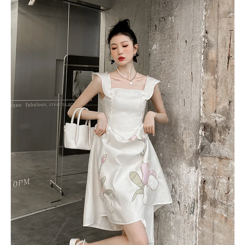 2023 Spring and Summer Dress New Chinese Style Tea Break French Style Hot Girl Chic Unique Sling Dress Female Temperament Dress