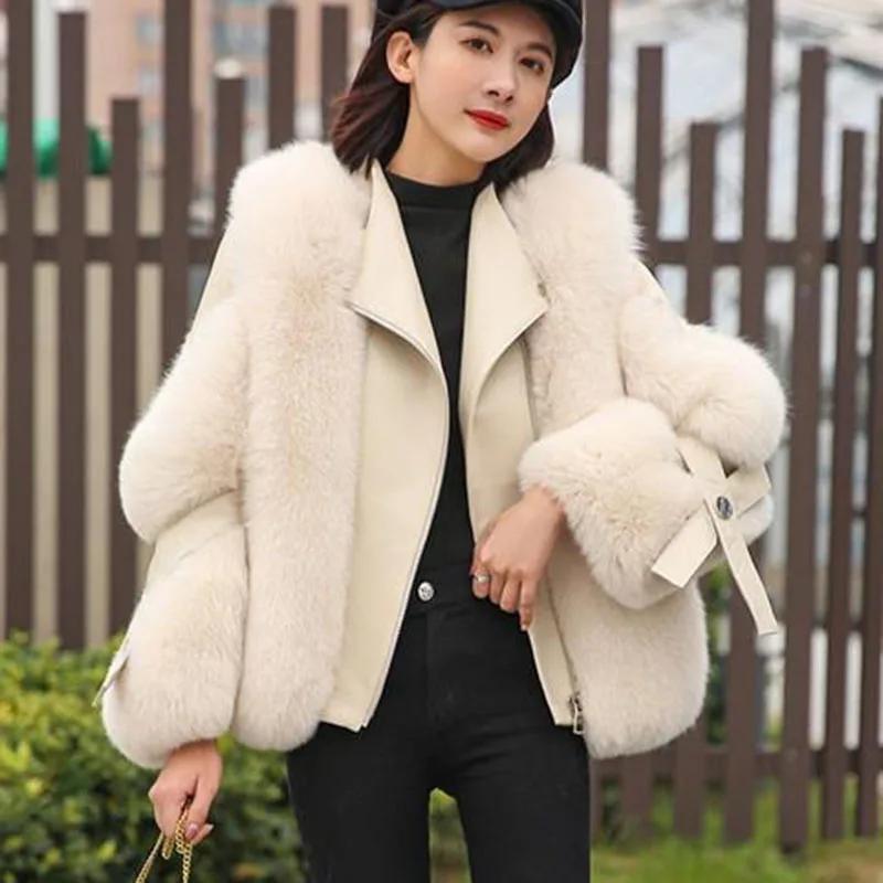 New Women\'s Fur Integrated Motorcycle Jacket Winter Warm Imitation Fox Fur Coat Fashion Snow Female Cold Resistant Fur Outerwear