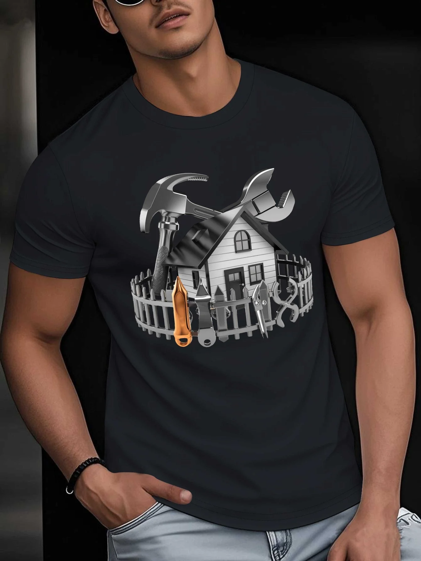 تي شيرت JMoo للرجال بنمط مصنوع يدويًا مصمم من قبل عمال البناء مع أداة مطبوعة لمشاريع DIY والملابس غير الرسمية