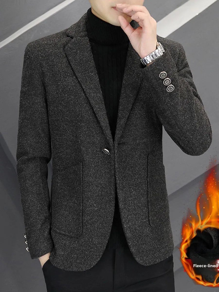 

Men's Fce Lined Thiened Woolen Single-breasted Jaet Casual Autumn Winter Faion Busin Sle V-ne Coat