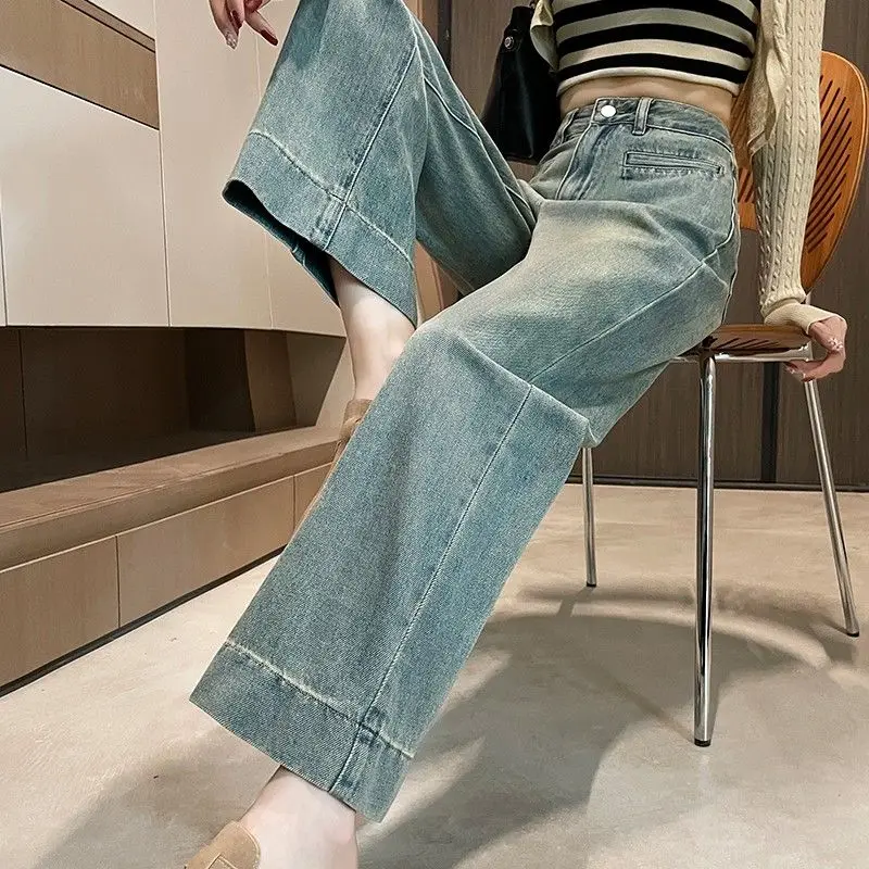 

Streetwear New Harajuku Solid Washed Jeans Woman Fashion Retro Straight Casual Joker American Style High Waist Wide Leg Pants