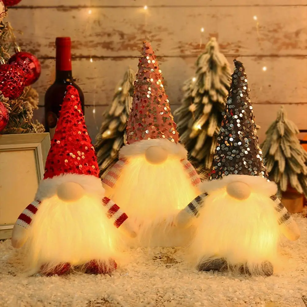 Gnome Doll Christmas Decoration Sequin Reindeer Decoration Light-up Plush Christmas Gnome Doll Figure with Faceless for Home