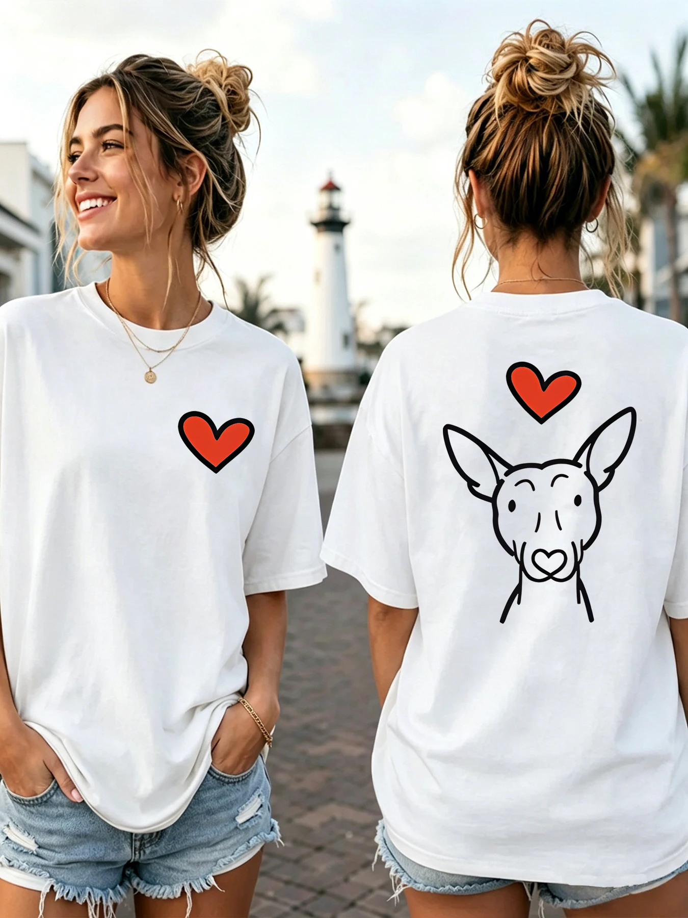 Women's round-neck short-sleeved double-sided printed T-shirt, thin heart-shaped lines, simple print of a dachshund