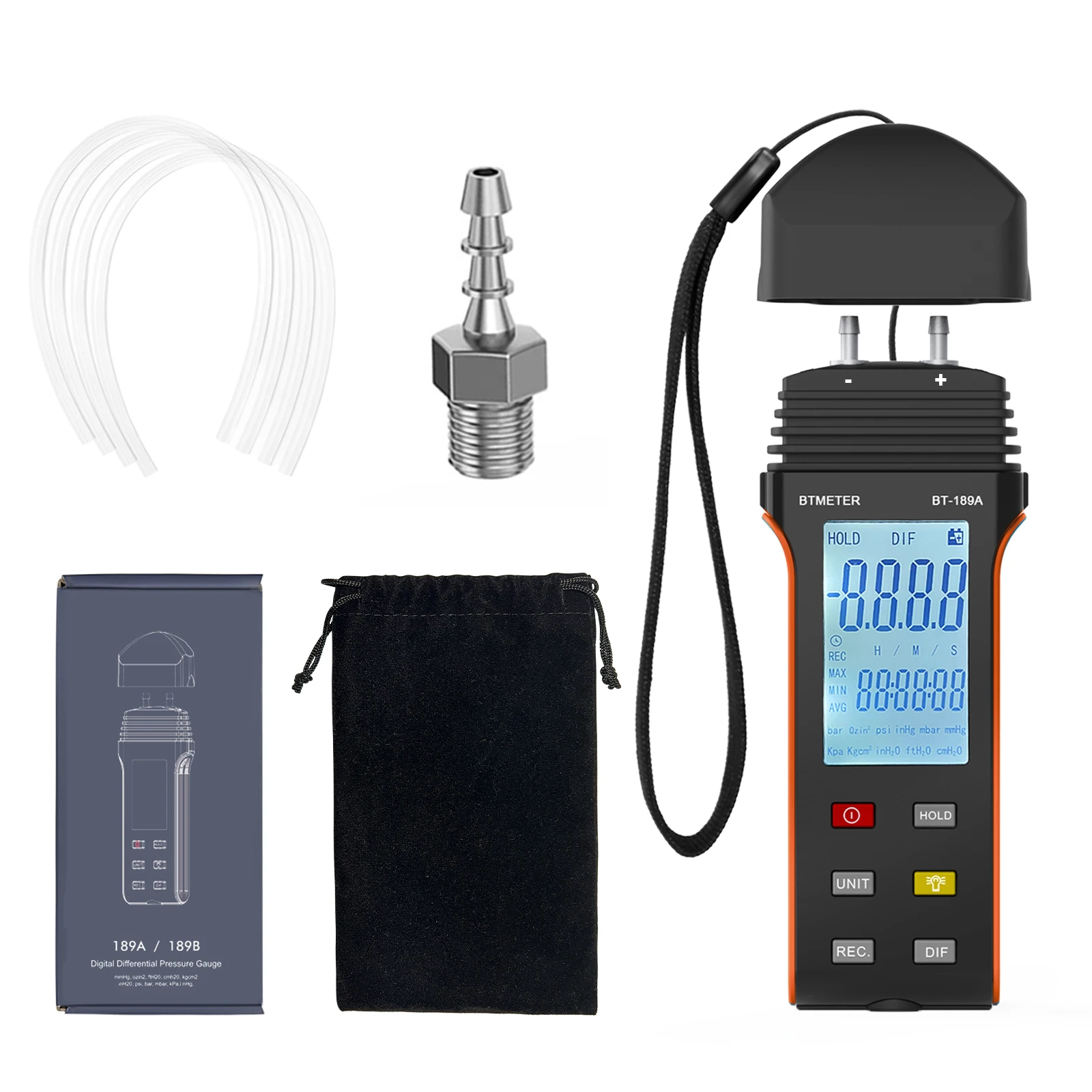 BTMETER Manometer HVAC Gas Pressure Tester 189A Dual-Port Air Pressure Meter Gauge with Hose Kit Measure Static Pressure