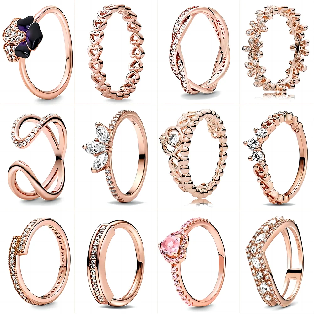 New in Women Ring Rose Gold Plated Zircon Sparkling Princess Wishbone Heart Ring Fine Jewelry Fit Pandora 925 Original Bracelets