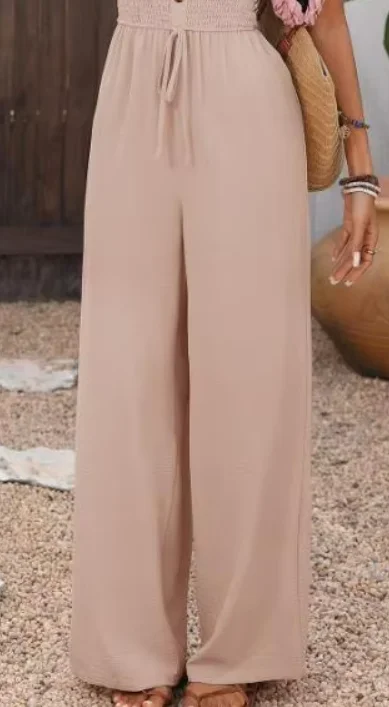 

Spring and Summer Smocked Jumpsuit Women's Strapless Ruffle Trim Button Front Drawstring Waist Wide Leg Outfit