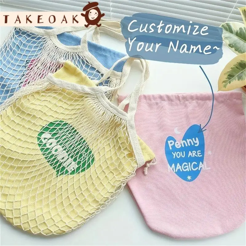 Custom Name Print Cotton Mesh Net Shopping Tote Bag With Drawstring Pouch Reusable  Storage Bag Personalized Eco Friendly Gift