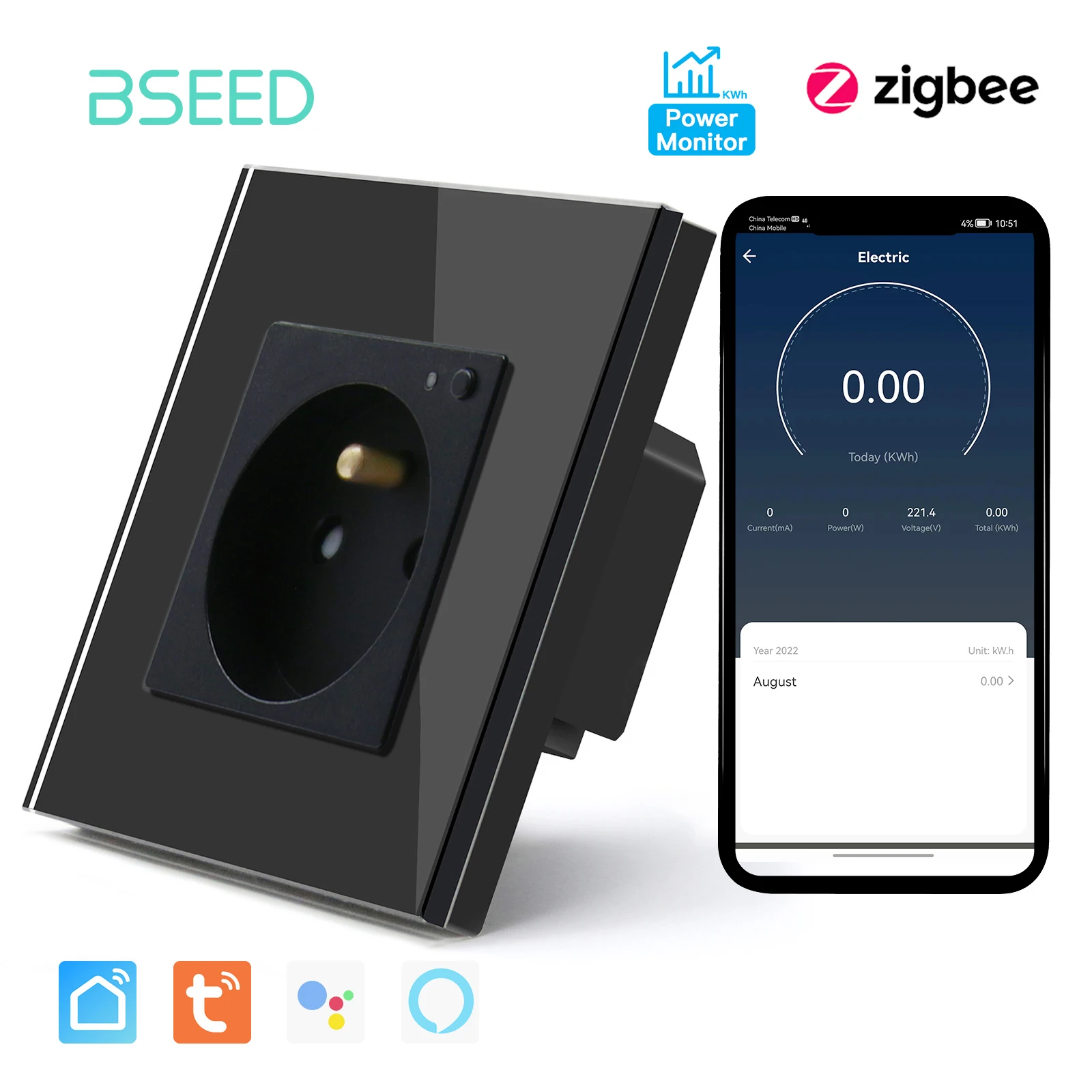 BSEED ZigBee Französisch Buchse Wand Einzigen Buchse Kristall Glas Panel Unterstützung Google Tuya Smart Leben App Power Monitor Smart Buchse